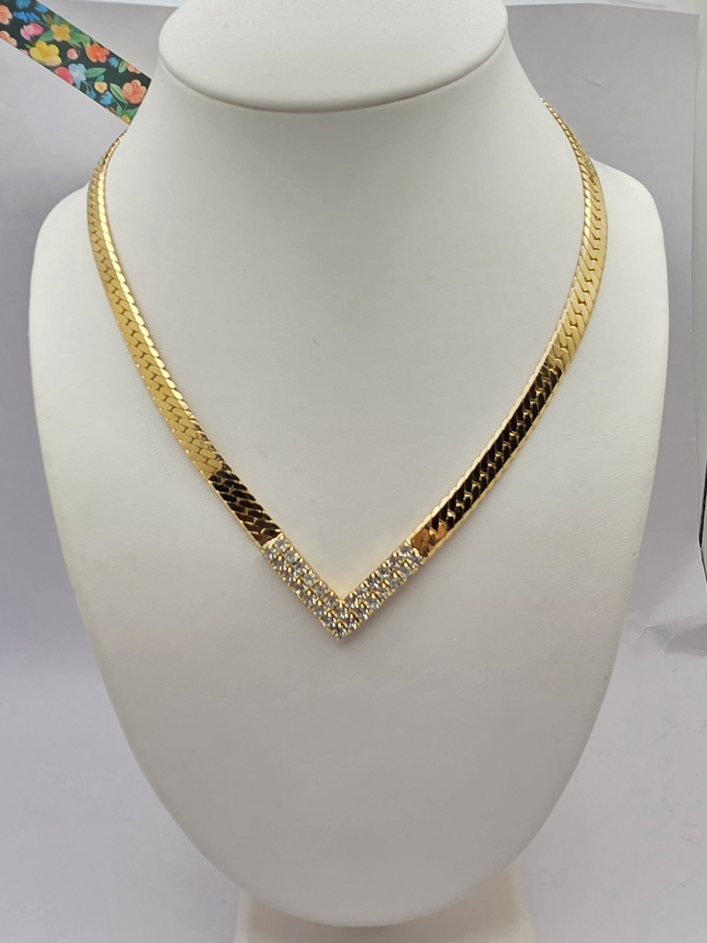 Vintage Gold Tone Herringbone V Chevron Rhinestone Collar Necklace 16"